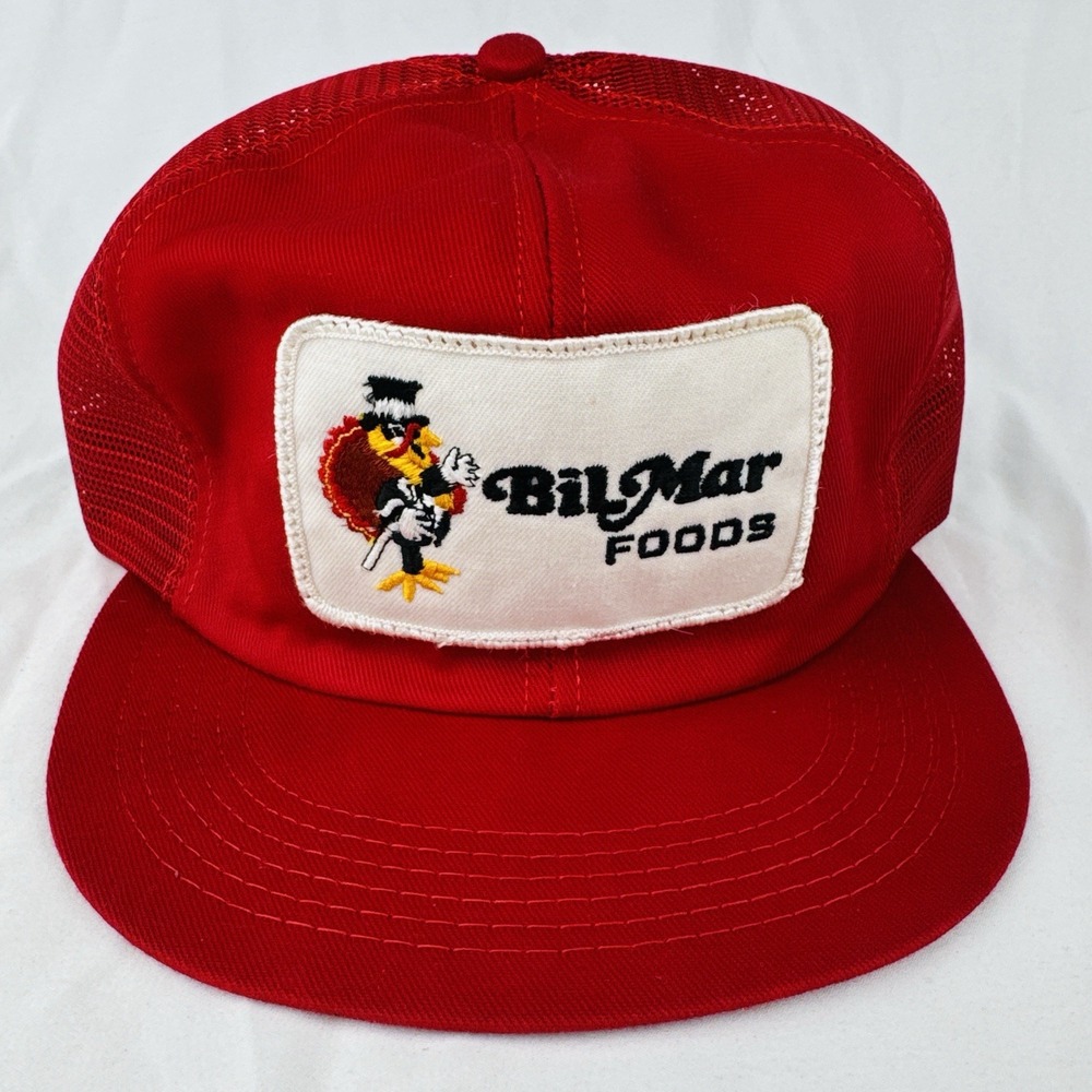 Vintage 80s Bil Mar Foods Trucker Hat Turkey K-Products USA Red Snapback